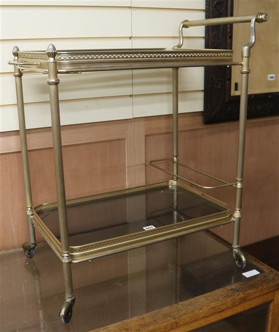 A French gilt metal two-tier drinks trolley, W.68cm